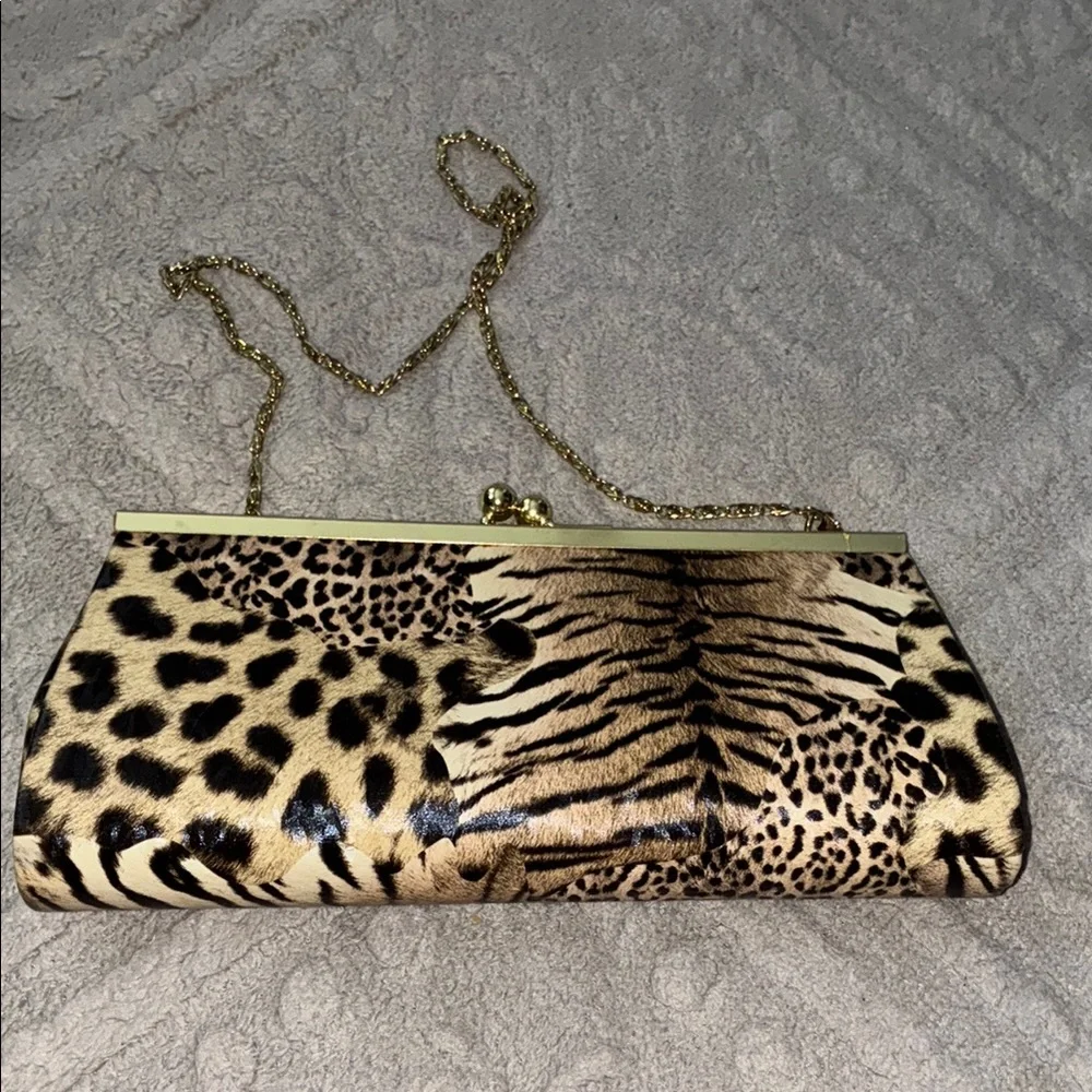 Brown and Gold Clutch with Chain Strap - Picture 5 of 10